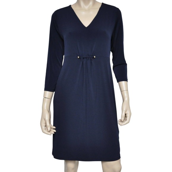 Michael Kors Matte Jersey V-Neck 3/4 Sleeve Shift Dress Real Navy 4/8 $130 Nwt - Picture 1 of 5